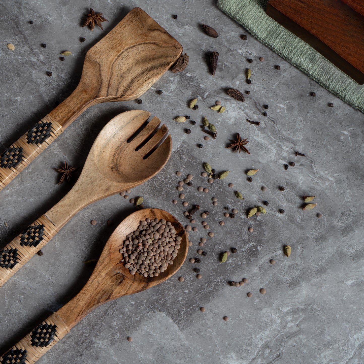 Acacia Wood Utensils Set with Wooven Bamboo Handles