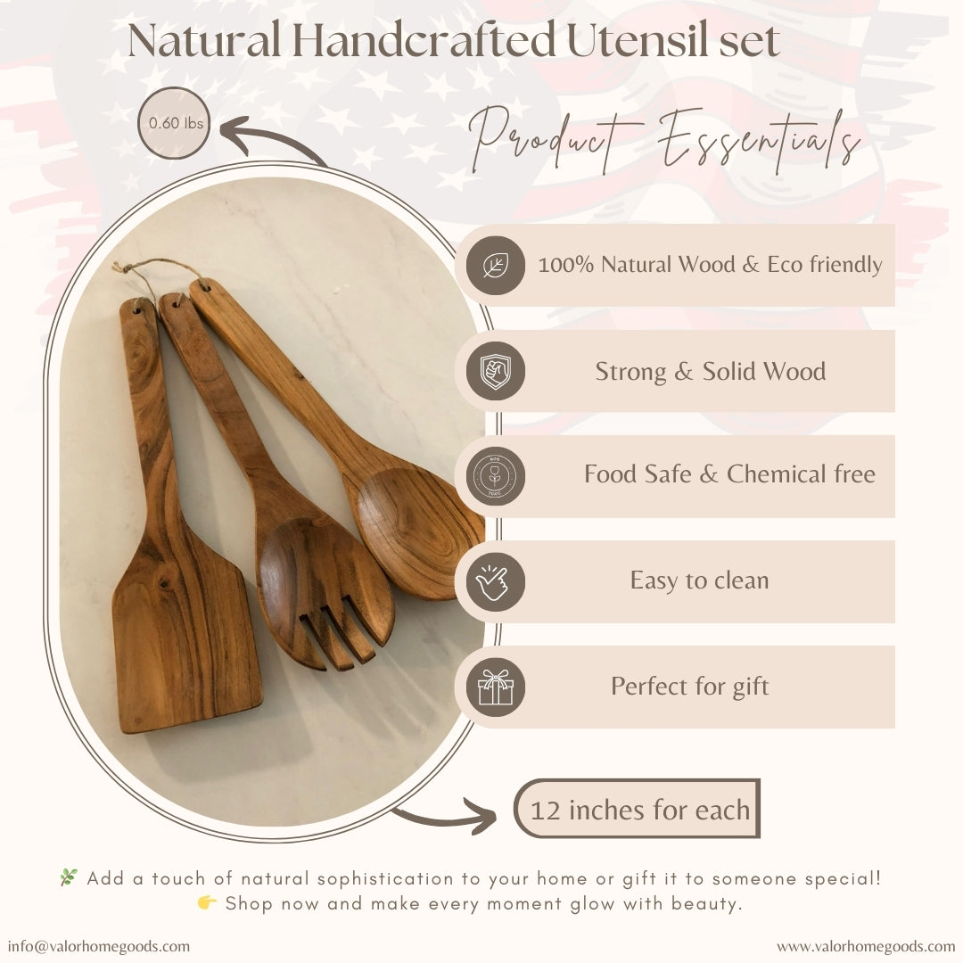 Handcrafted Wooden Utensil set - Spoon, Fork, and Spatula