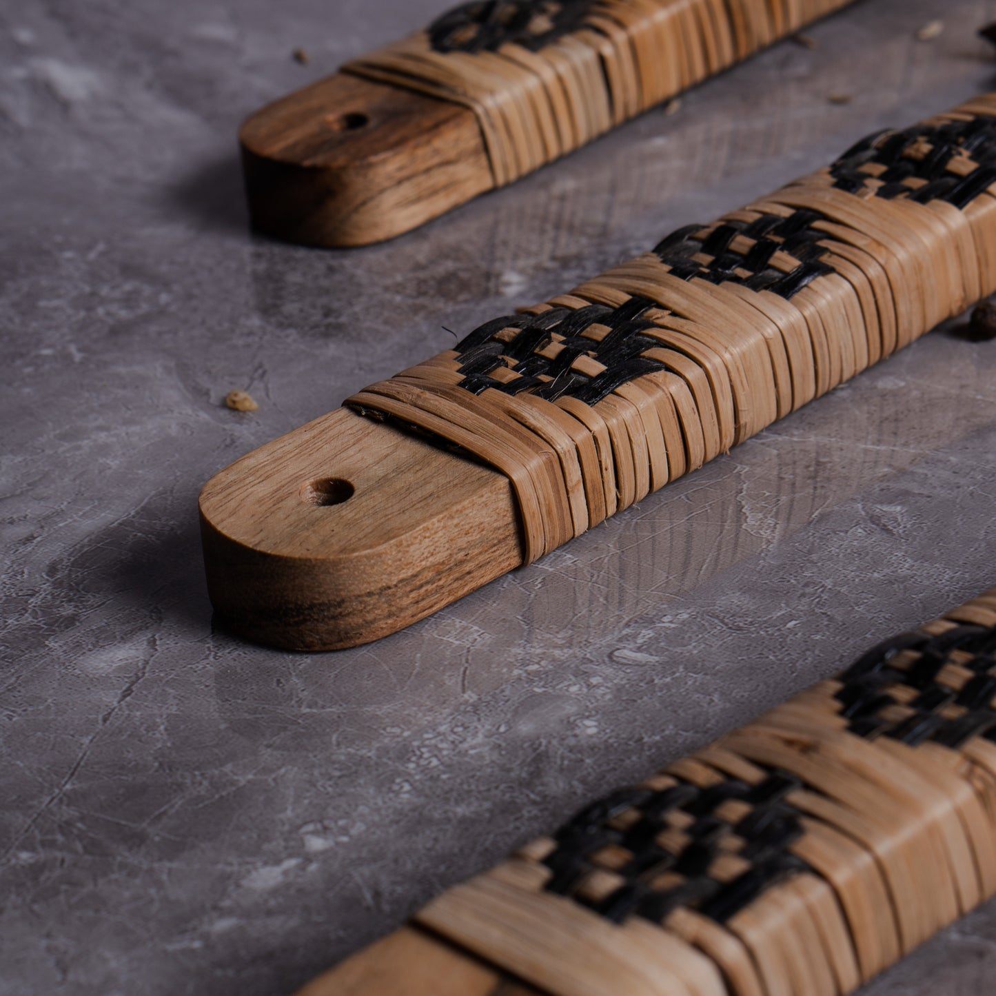 Acacia Wood Utensils Set with Wooven Bamboo Handles