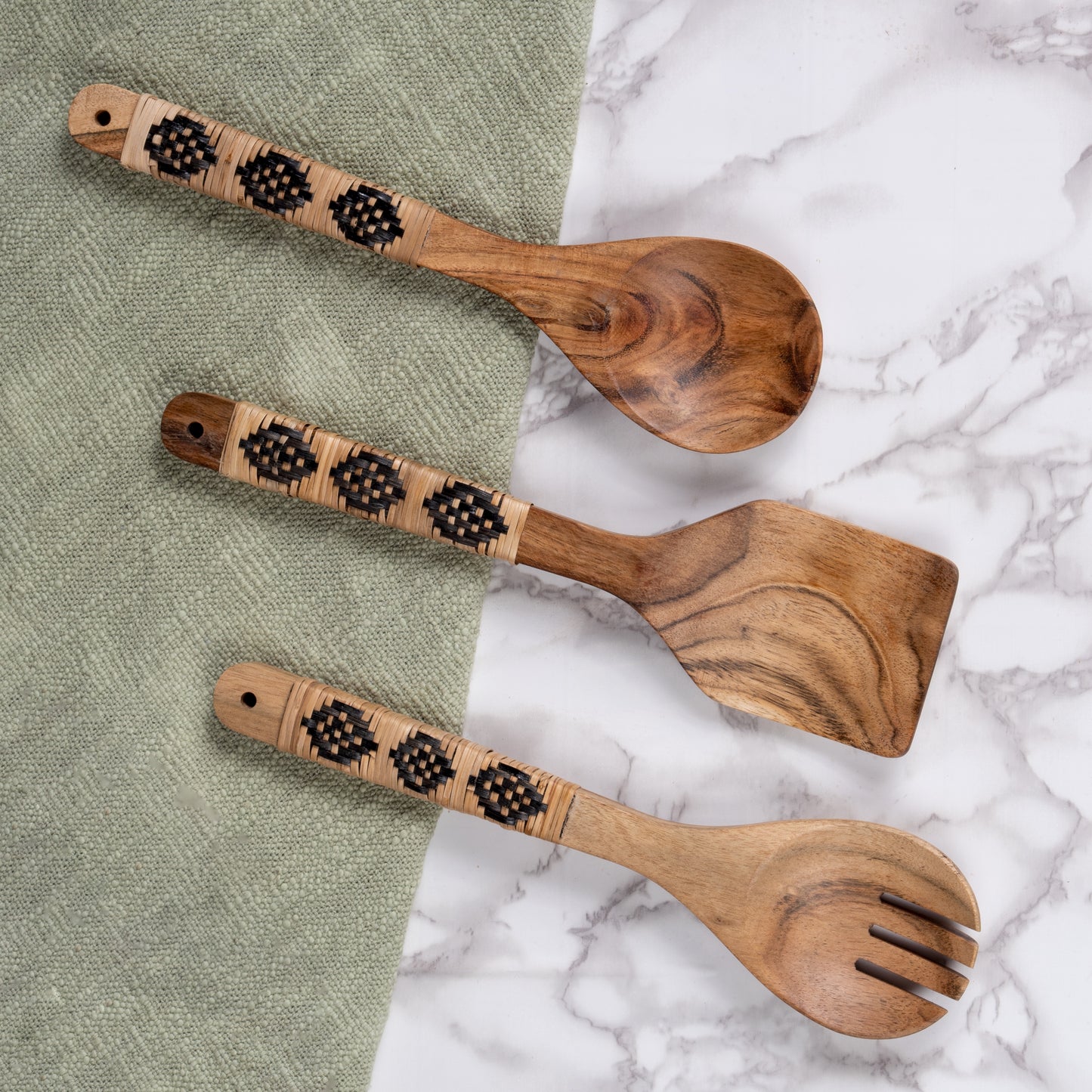 Acacia Wood Utensils Set with Wooven Bamboo Handles