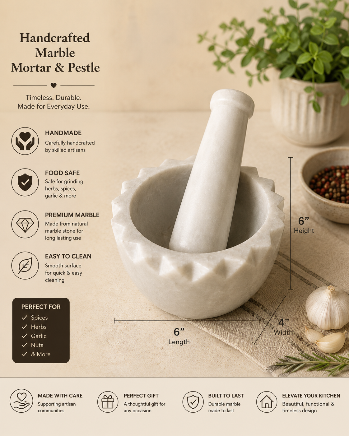 White Marble Mortar and Pestle – Hand-Carved Diamond Pattern Spice Grinder