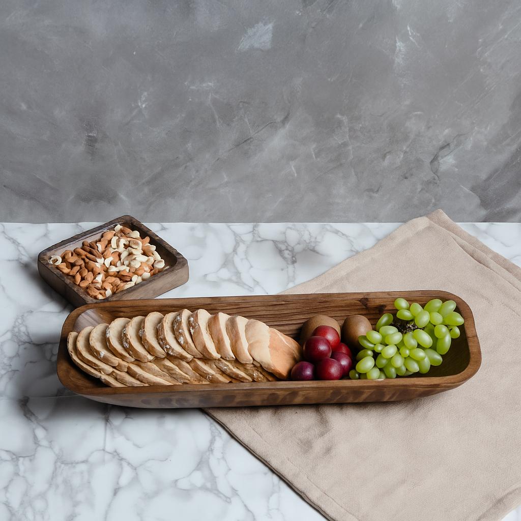 Long Food-Safe Hand-Carved Wooden Dough Bowl