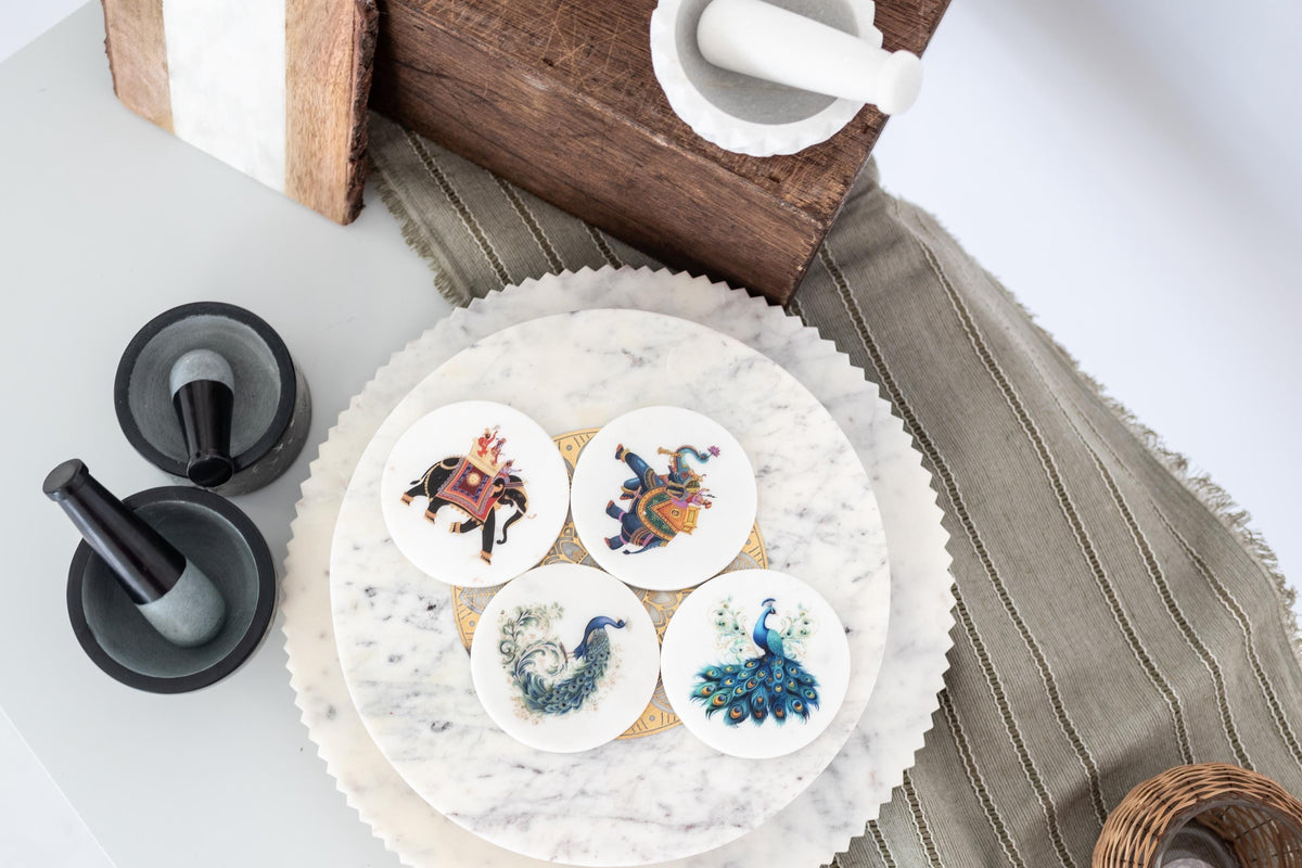Handcrafted White Marble Coasters — Peacock & Royal Elephant Designs, Set of 4