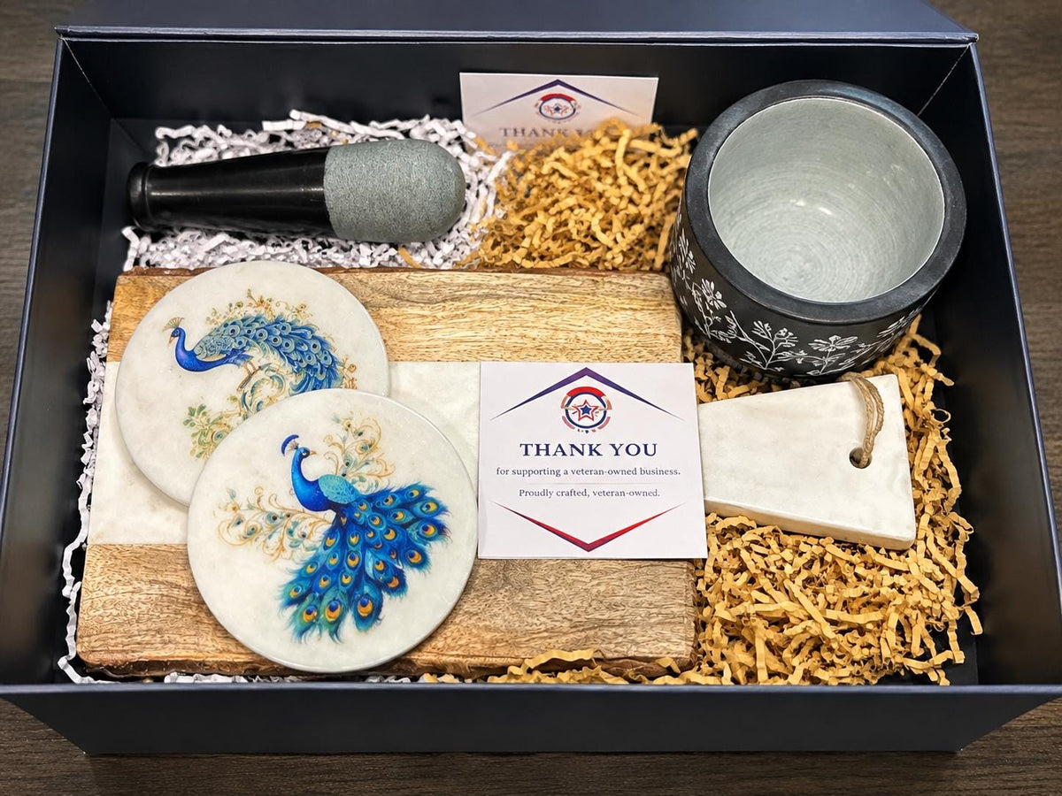 Handcrafted Marble Elephant Coasters, Floral Mortar & Pestle, Wood Marble Cheese Board Gift Set