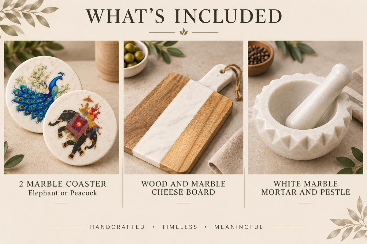 Handmade Marble Coaster Set, Mortar & Pestle, Wood Marble Cheese Board Gift Box