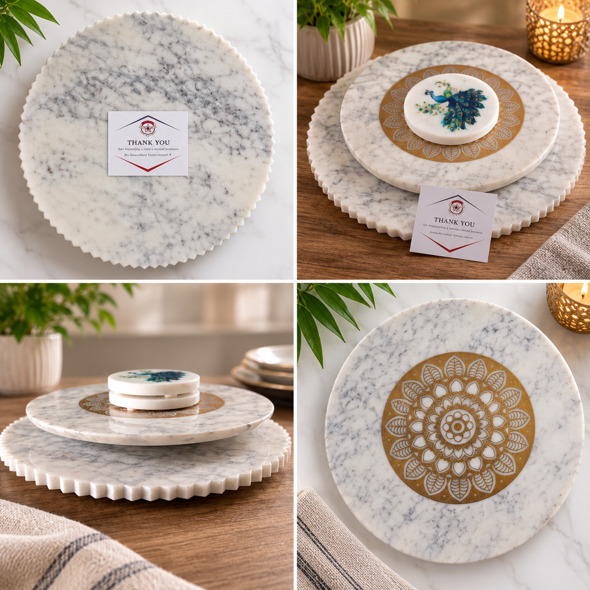 White Marble Lazy Susan – Gold Mandala Rotating Serving Tray, 12 Inch Charcuterie Platter