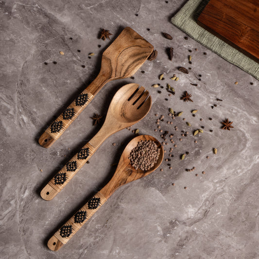 Acacia Wood Utensils Set with Wooven Bamboo Handles