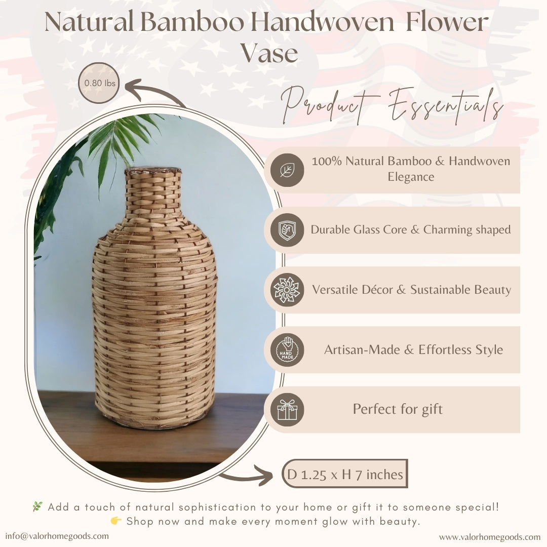 Handwoven Boho Home Decor Bamboo & Glass Flower Vase