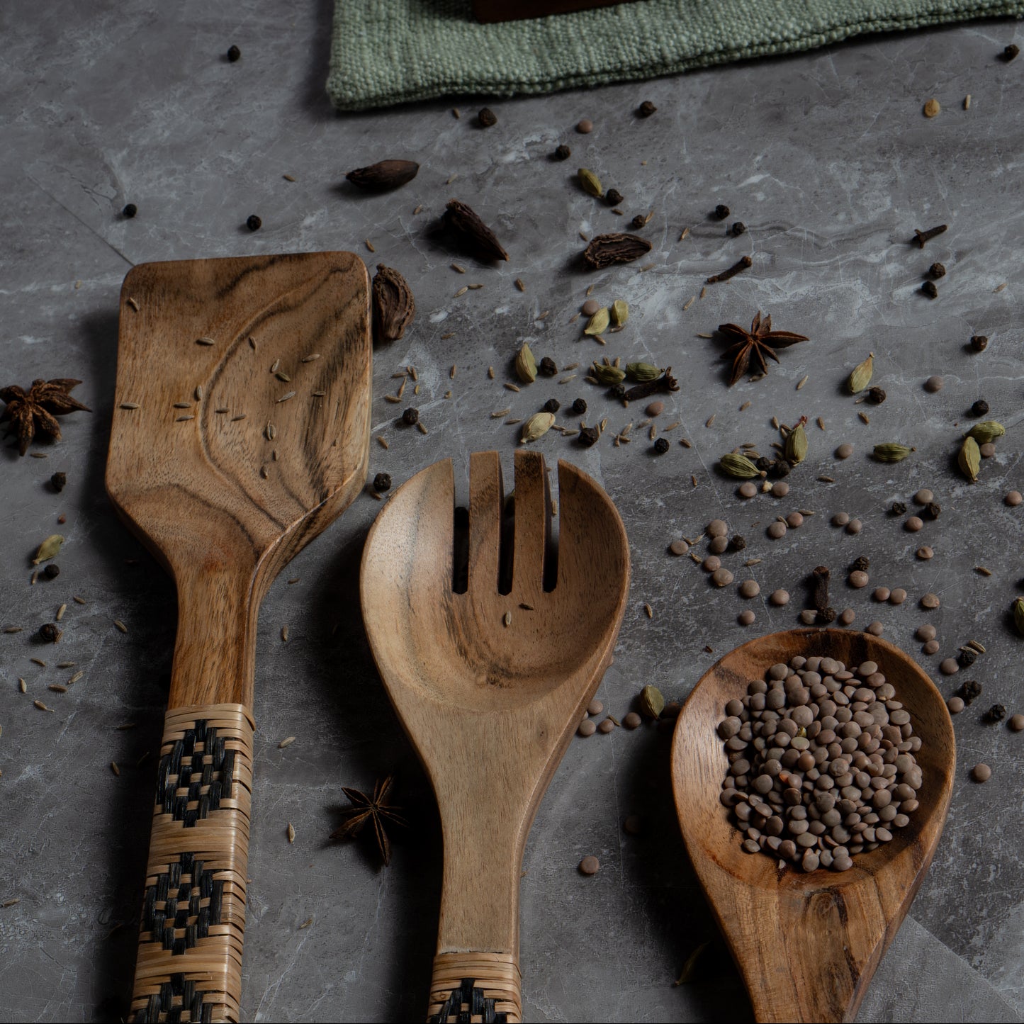Acacia Wood Utensils Set with Wooven Bamboo Handles