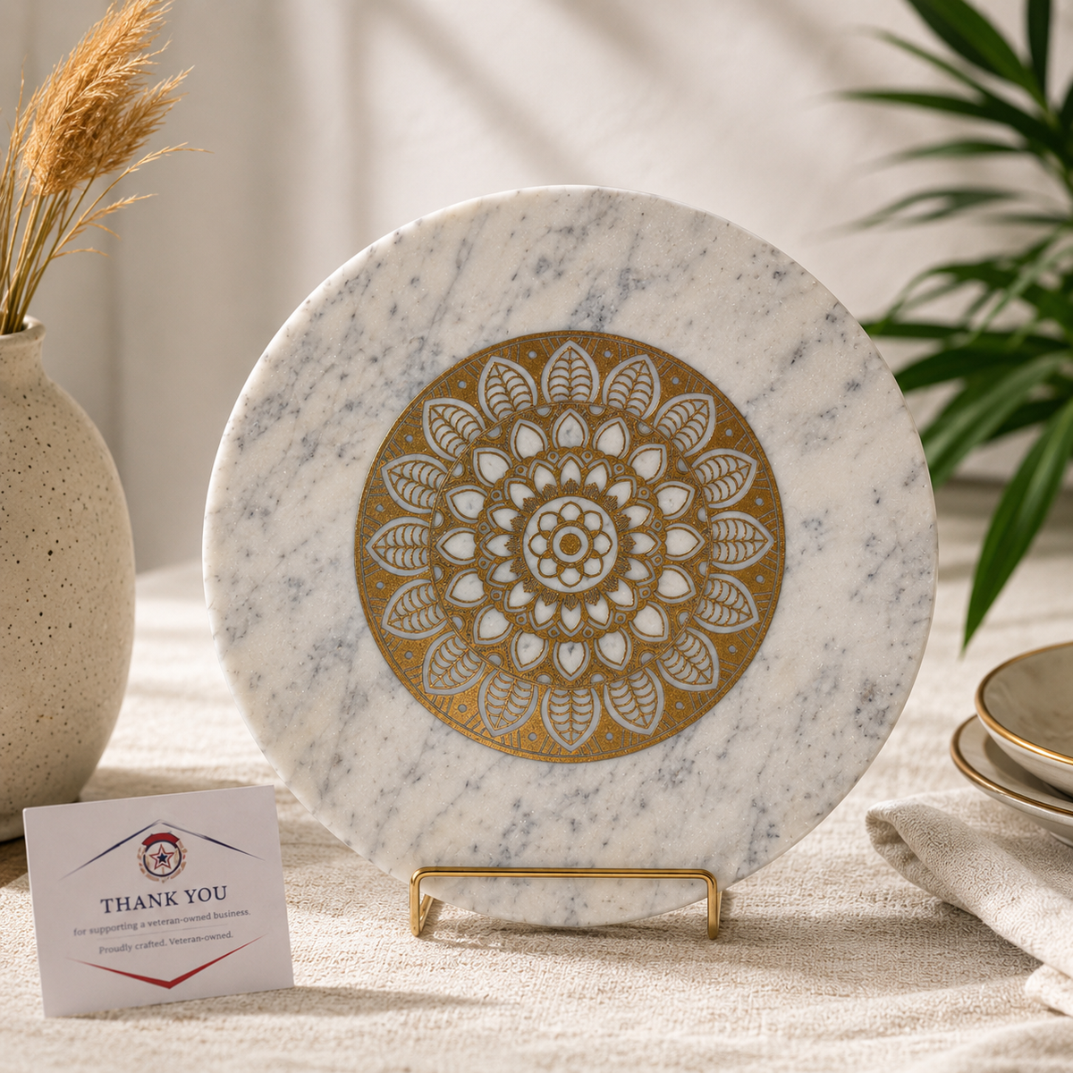 White Marble Lazy Susan – Gold Mandala Rotating Serving Tray, 12 Inch Charcuterie Platter