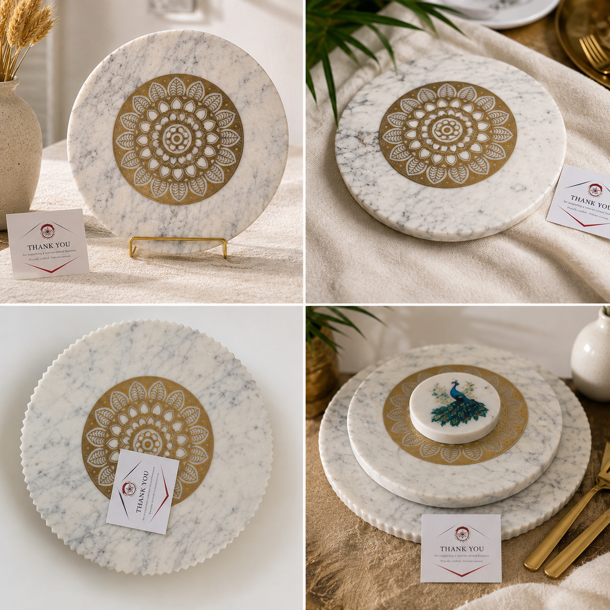 White Marble Lazy Susan – Gold Mandala Rotating Serving Tray, 12 Inch Charcuterie Platter