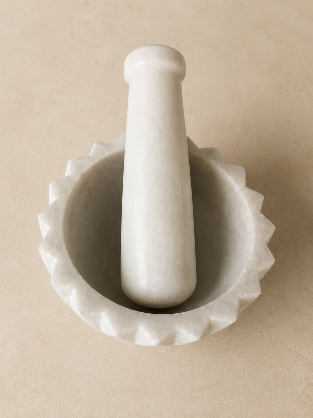 White Marble Mortar and Pestle – Hand-Carved Diamond Pattern Spice Grinder