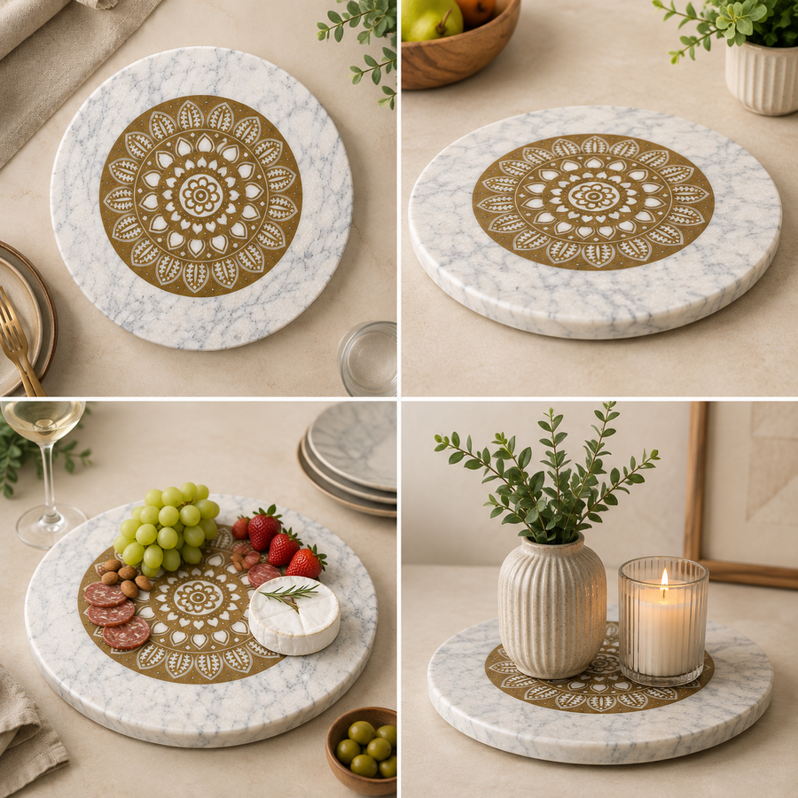 White Marble Lazy Susan – Gold Mandala Rotating Serving Tray, 12 Inch Charcuterie Platter