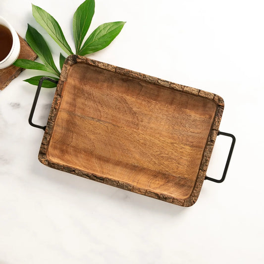 Wood Bark Rectangular Handled Charcuterie Tray