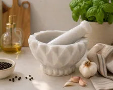 White Marble Mortar and Pestle – Hand-Carved Diamond Pattern Spice Grinder