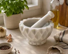 White Marble Mortar and Pestle – Hand-Carved Diamond Pattern Spice Grinder