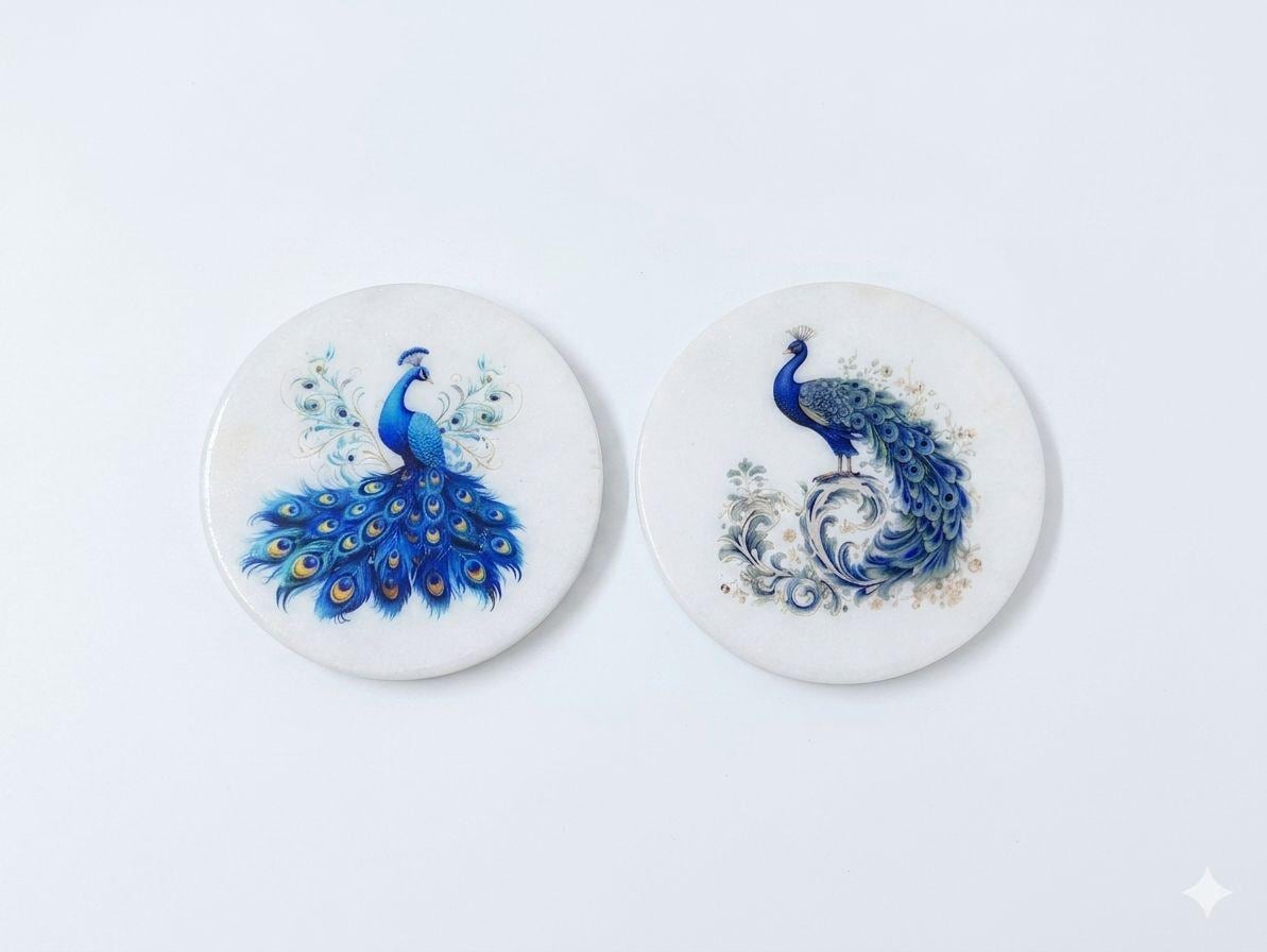 Handmade White Marble Peacock Coasters | Markana Drink Coasters | Luxury Table Decor