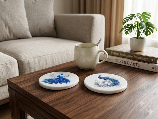 Handmade White Marble Peacock Coasters | Markana Drink Coasters | Luxury Table Decor