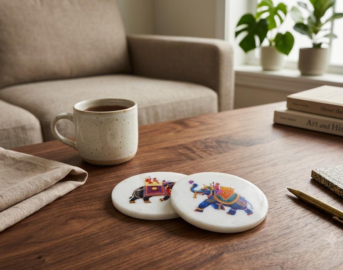 Regal Elephant Royal Howdah Marble Coaster - Unique Cultural Housewarming Gift