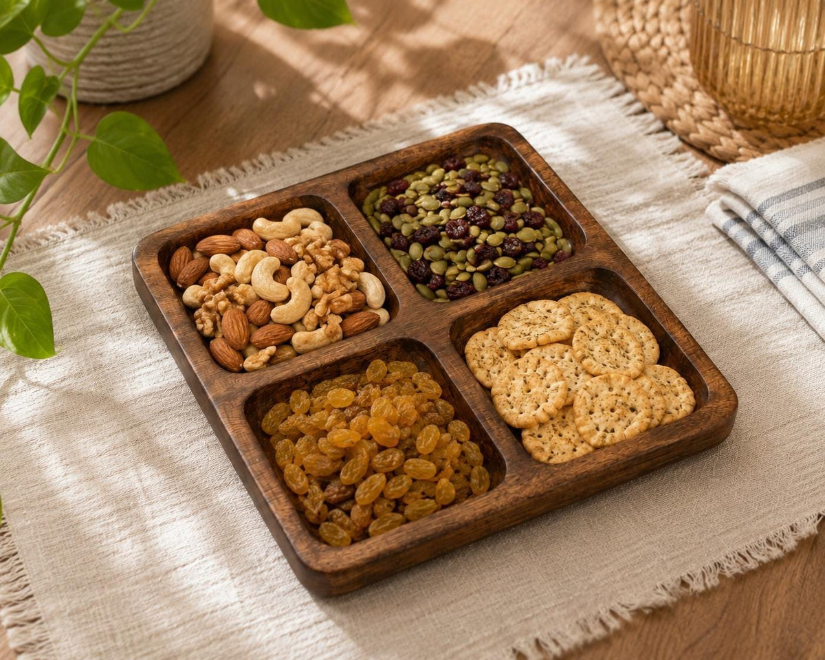 Handcrafted Wood Serving Tray, 4 Compartment Platter, Charcuterie Dip Board
