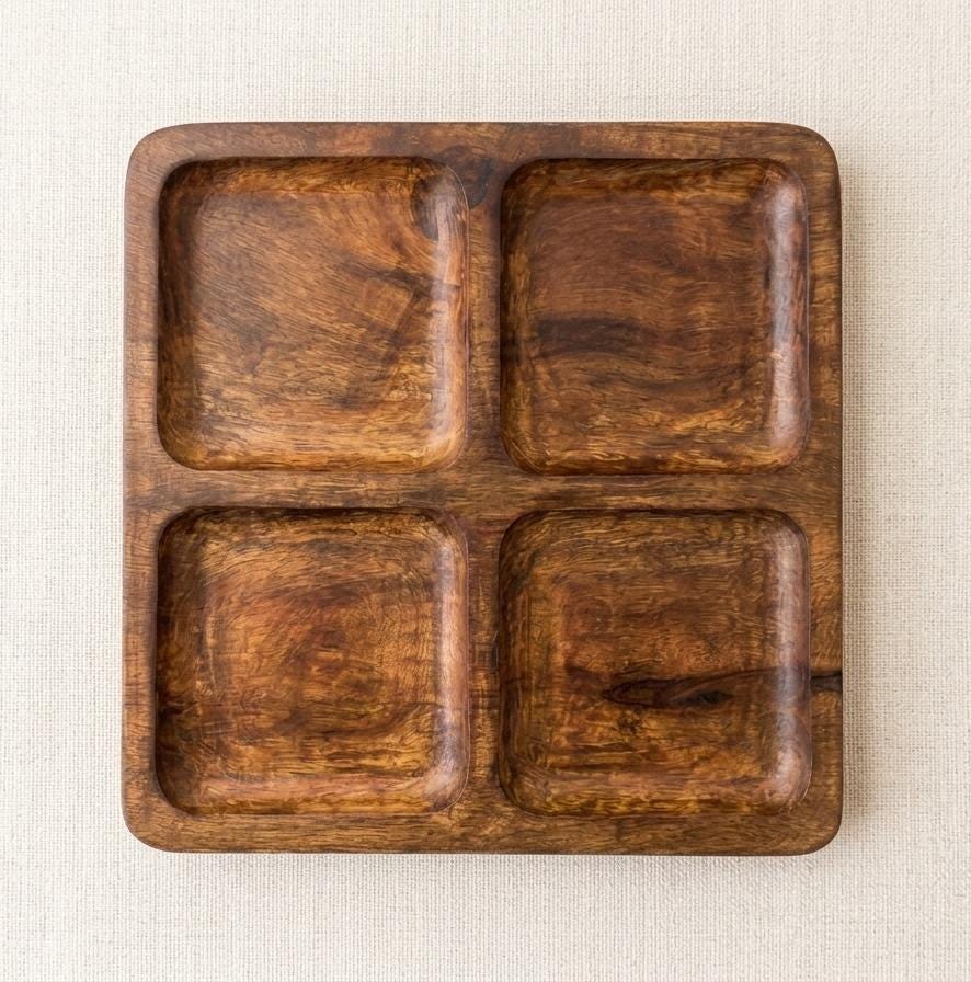 Handcrafted Wood Serving Tray, 4 Compartment Platter, Charcuterie Dip Board