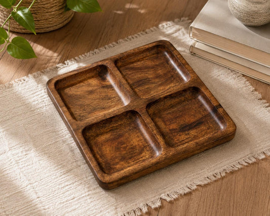 Handcrafted Wood Serving Tray, 4 Compartment Platter, Charcuterie Dip Board