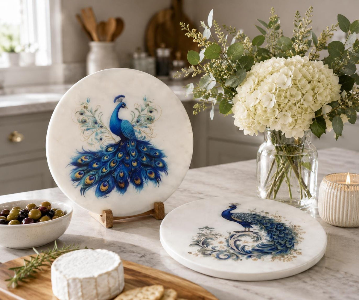 Handmade White Marble Peacock Coasters | Markana Drink Coasters | Luxury Table Decor