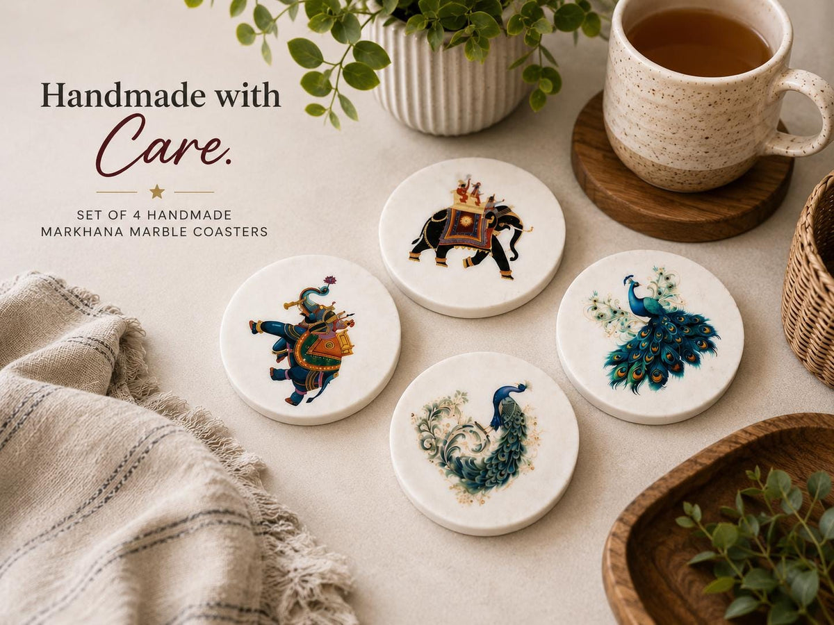 Handcrafted White Marble Coasters — Peacock & Royal Elephant Designs, Set of 4