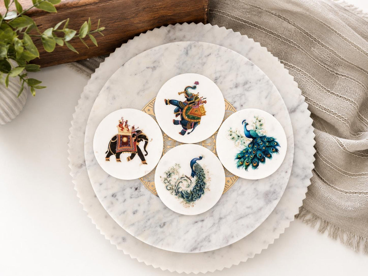 Handmade White Marble Peacock Coasters | Markana Drink Coasters | Luxury Table Decor