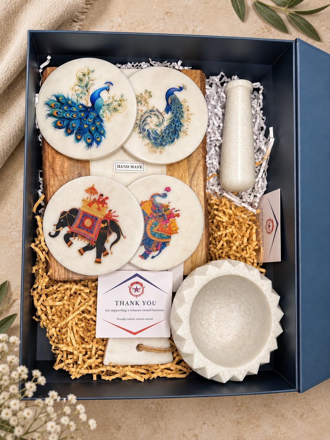 Handmade Marble Coaster Set, Mortar & Pestle, Wood Marble Cheese Board Gift Box