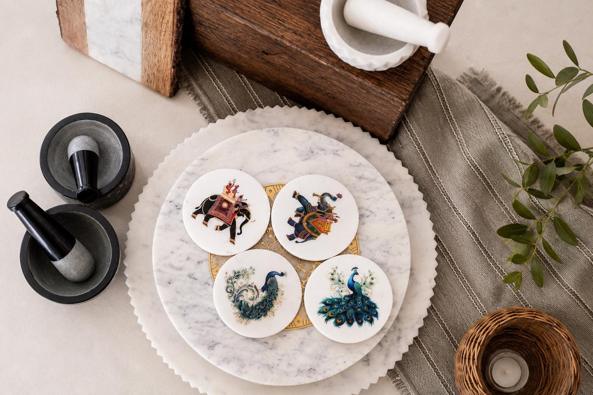 Handcrafted White Marble Coasters — Peacock & Royal Elephant Designs, Set of 4