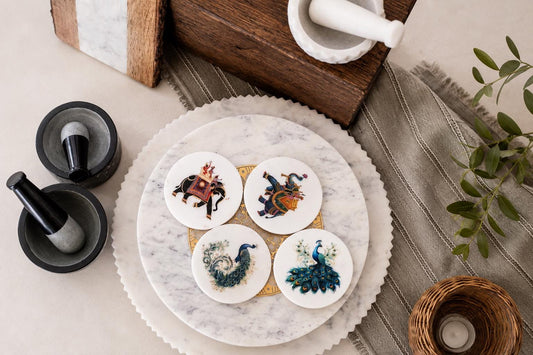 Handcrafted White Marble Coasters — Peacock & Royal Elephant Designs, Set of 4