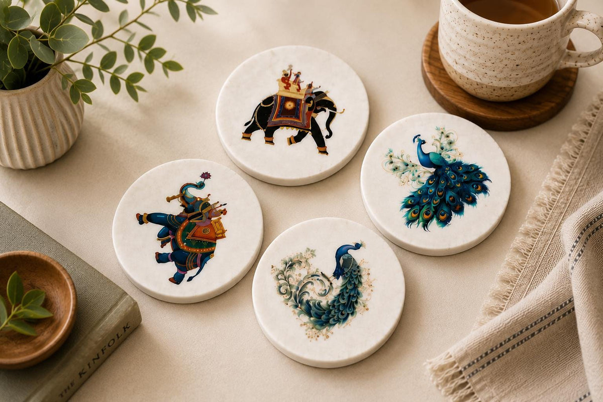 Handcrafted White Marble Coasters — Peacock & Royal Elephant Designs, Set of 4