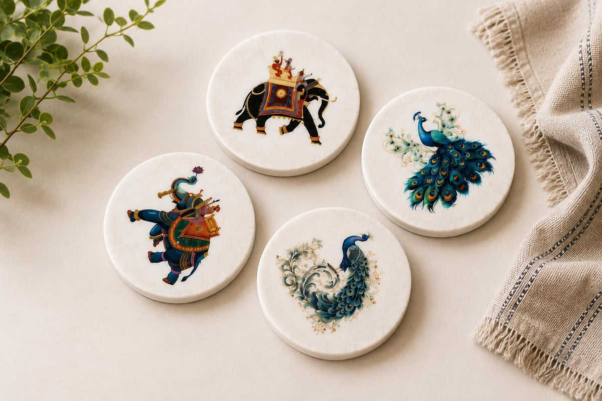 Handcrafted White Marble Coasters — Peacock & Royal Elephant Designs, Set of 4