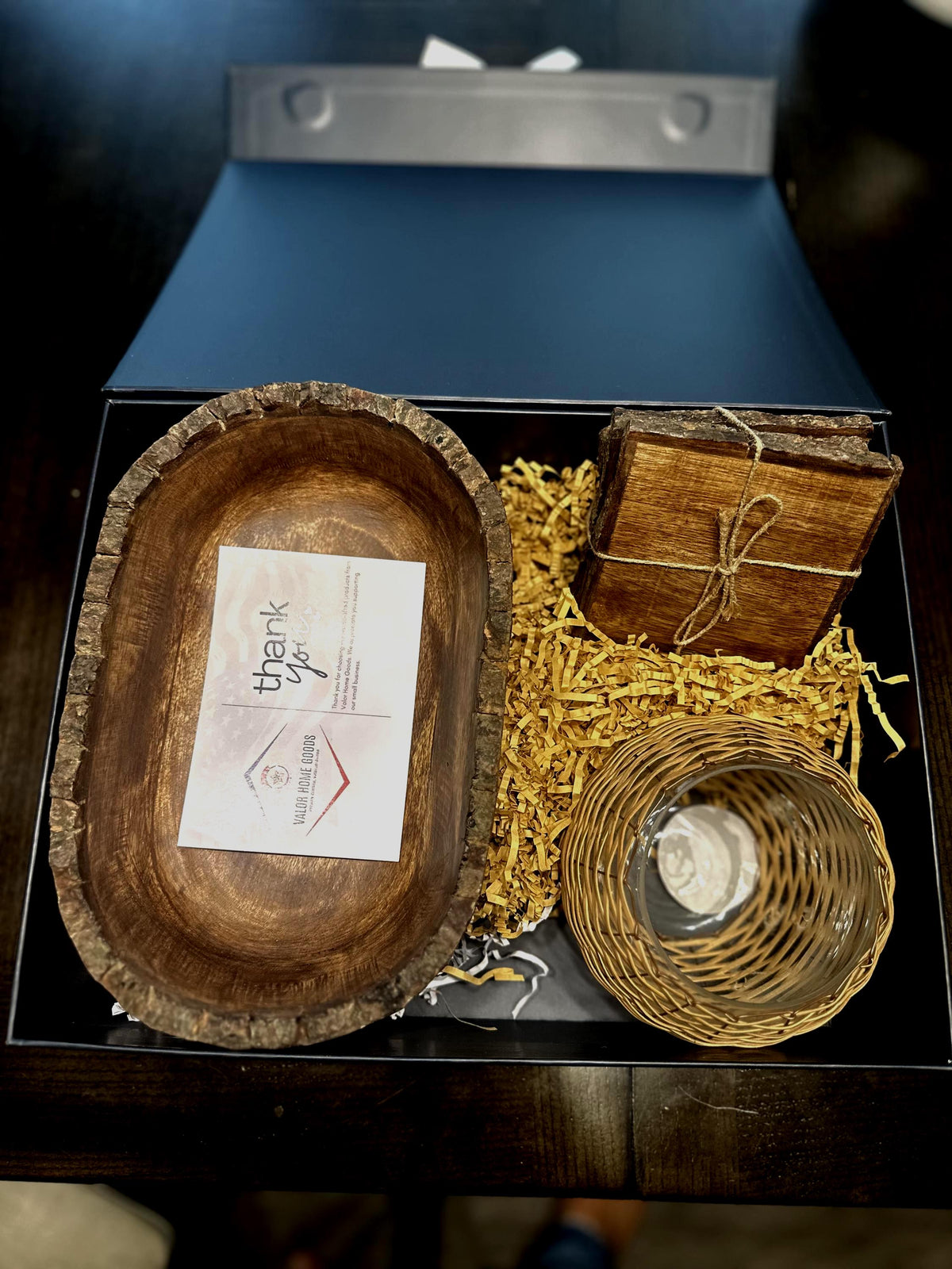 Handmade Wood Bark Bowl, Coasters, Rattan Candle Holder Gift Set