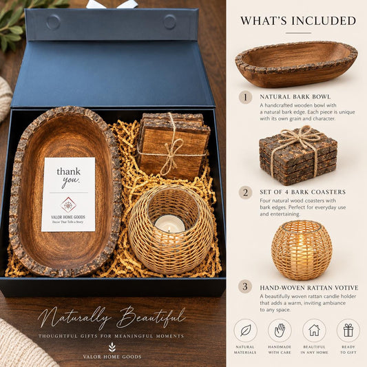 Handmade Wood Bark Bowl, Coasters, Rattan Candle Holder Gift Set