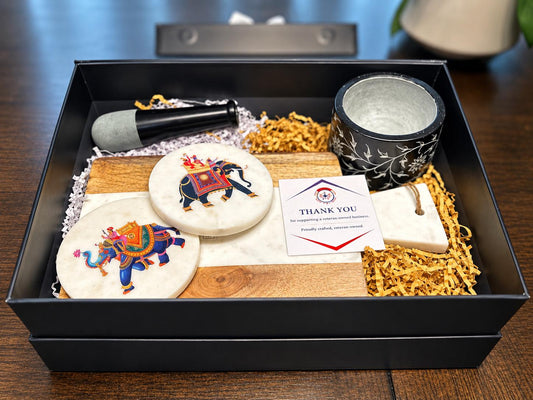 Handcrafted Marble Elephant Coasters, Floral Mortar & Pestle, Wood Marble Cheese Board Gift Set