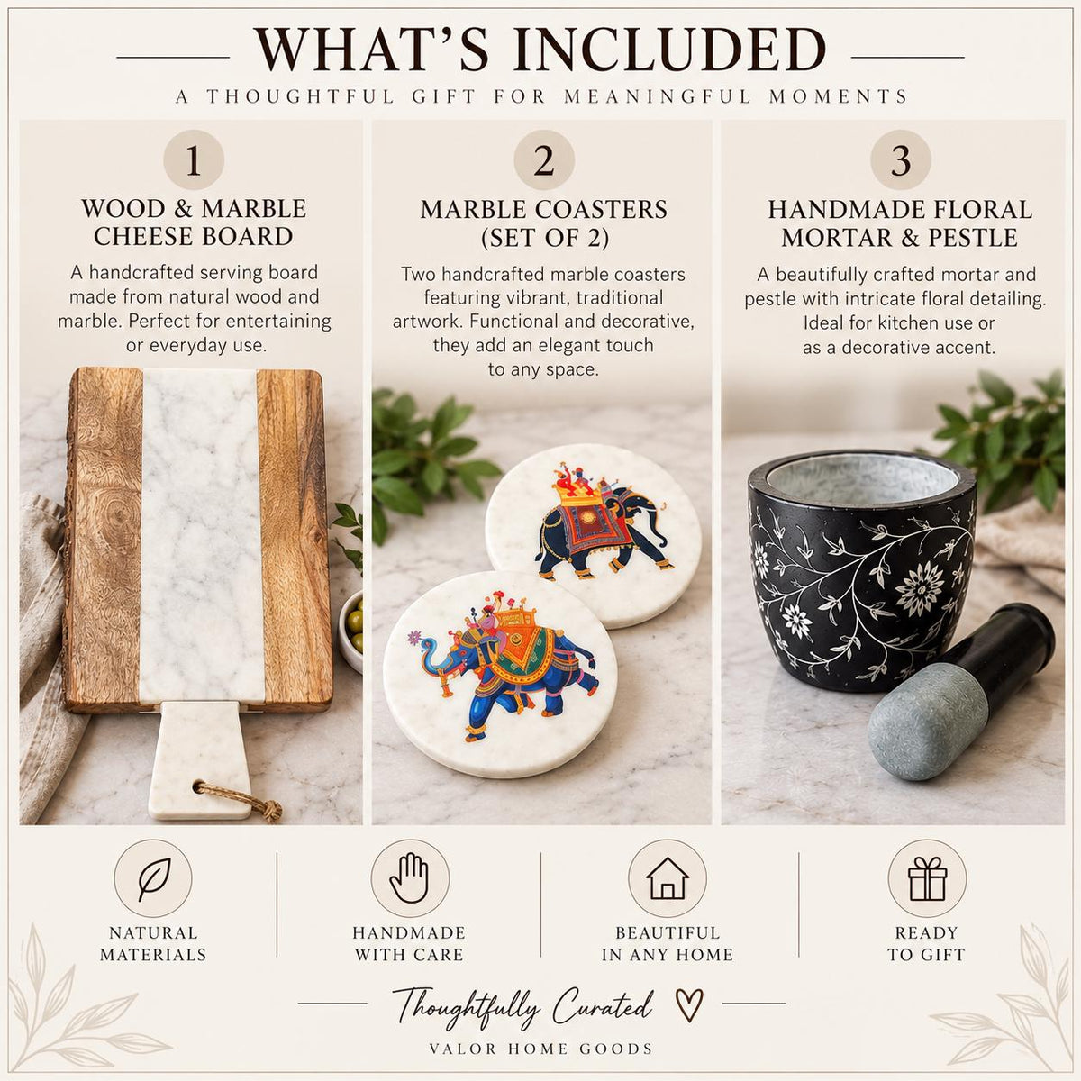 Handcrafted Marble Elephant Coasters, Floral Mortar & Pestle, Wood Marble Cheese Board Gift Set