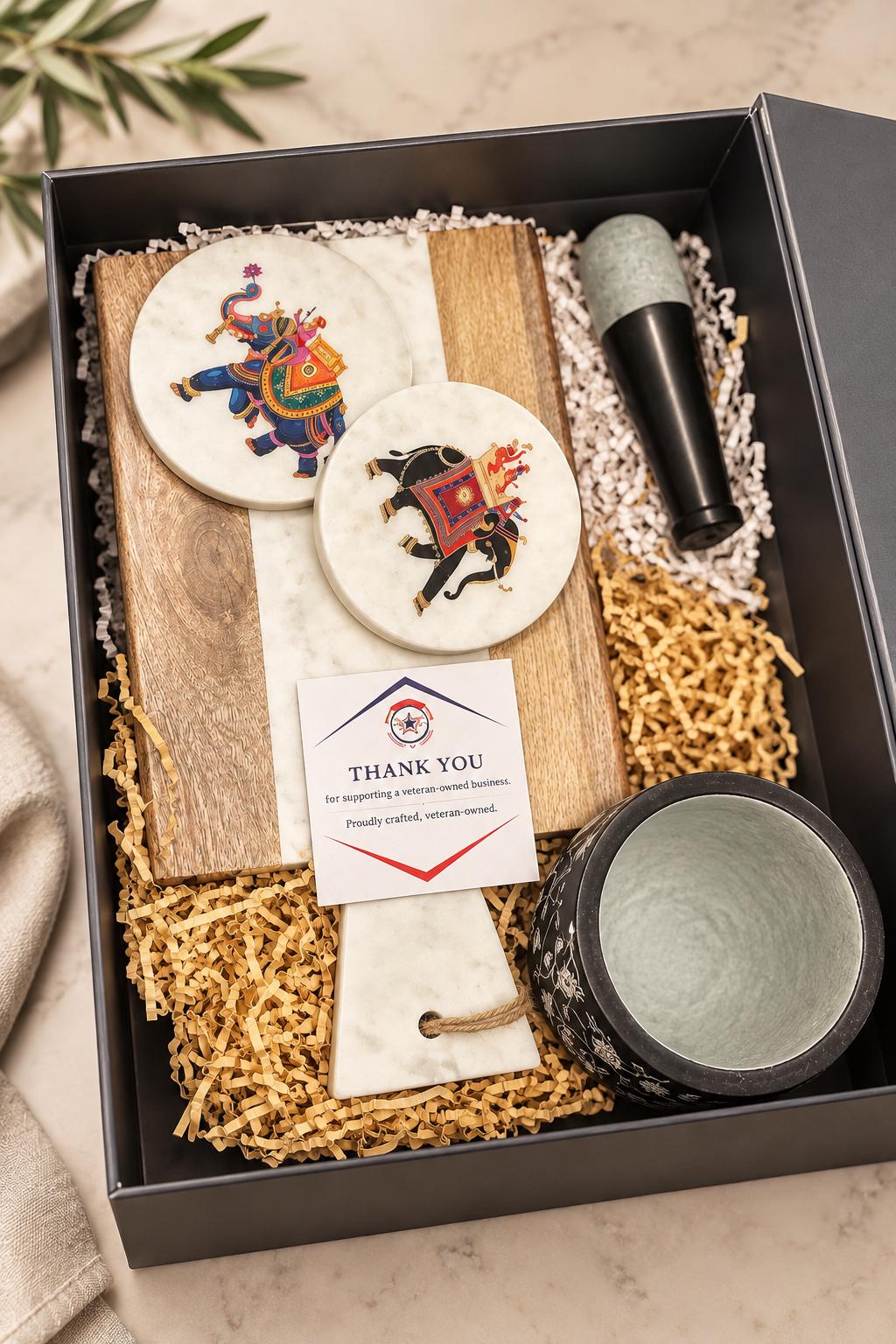 Handcrafted Marble Elephant Coasters, Floral Mortar & Pestle, Wood Marble Cheese Board Gift Set