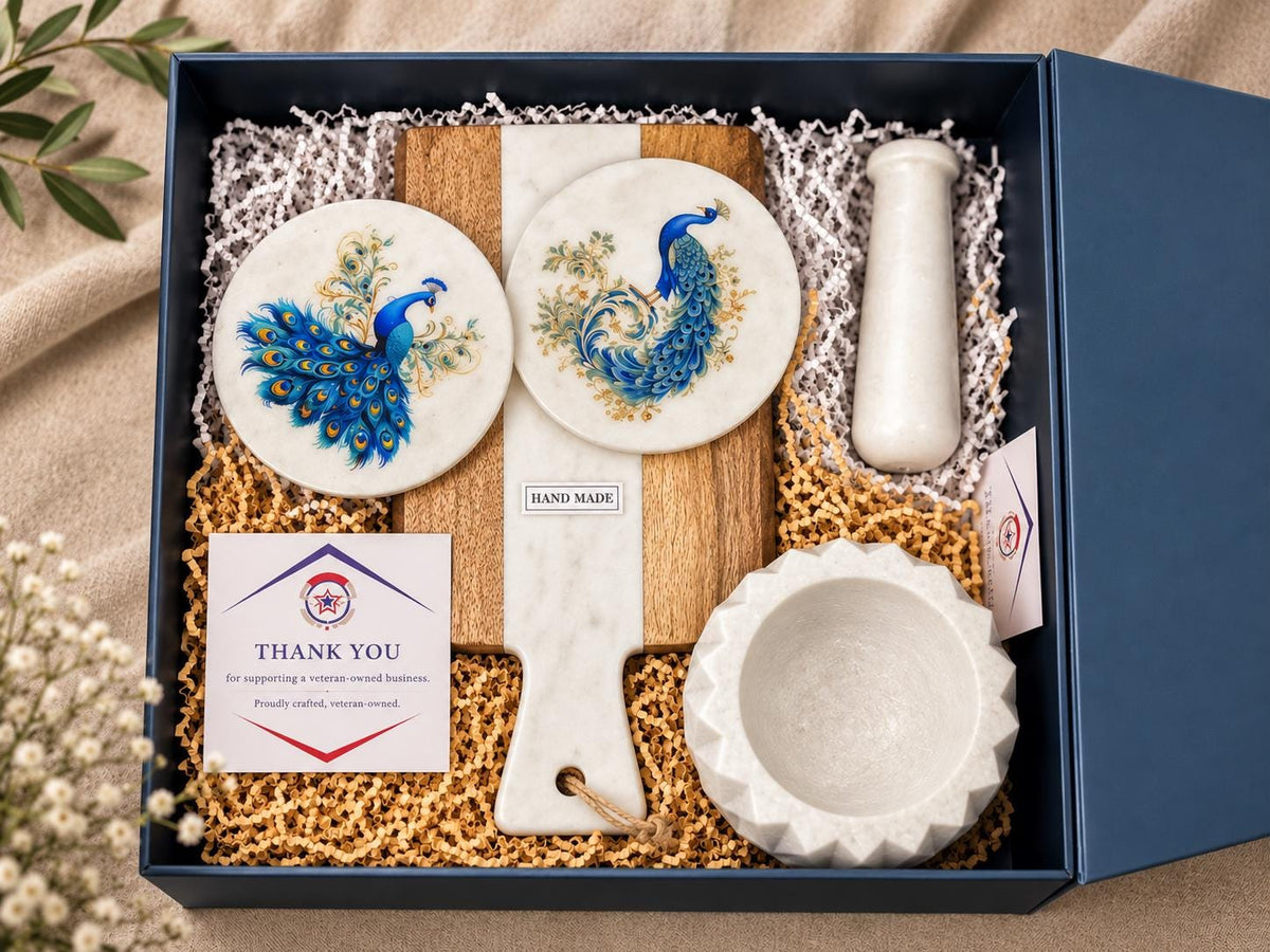 Handmade Marble Coaster Set, Mortar & Pestle, Wood Marble Cheese Board Gift Box