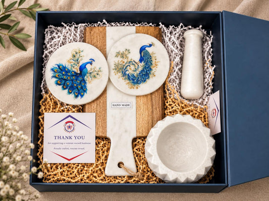 Handmade Marble Coaster Set, Mortar & Pestle, Wood Marble Cheese Board Gift Box