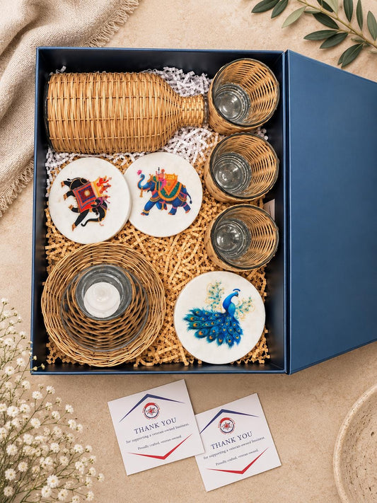 Rattan Wrapped Flower Vase, Candle Holders, Hand-Painted Marble Coasters (Gift Box)