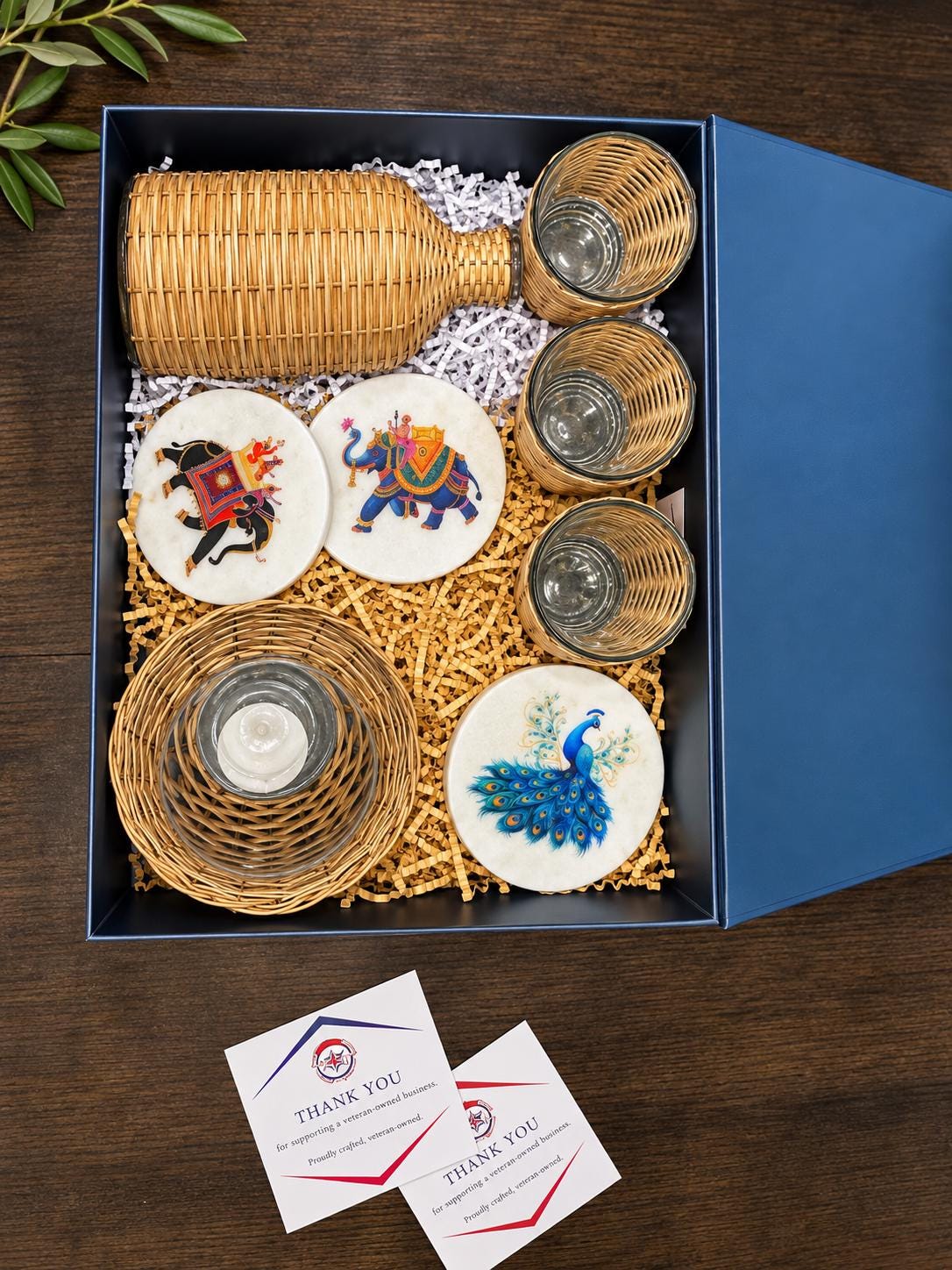 Rattan Wrapped Flower Vase, Candle Holders, Hand-Painted Marble Coasters (Gift Box)