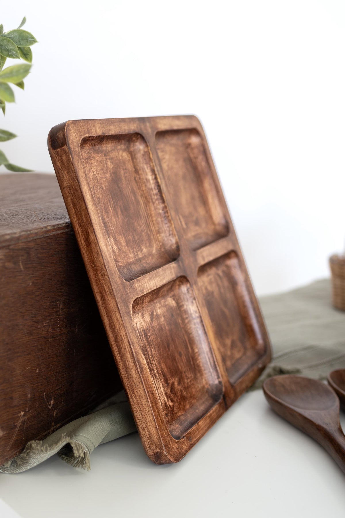 Handcrafted Wood Serving Tray, 4 Compartment Platter, Charcuterie Dip Board