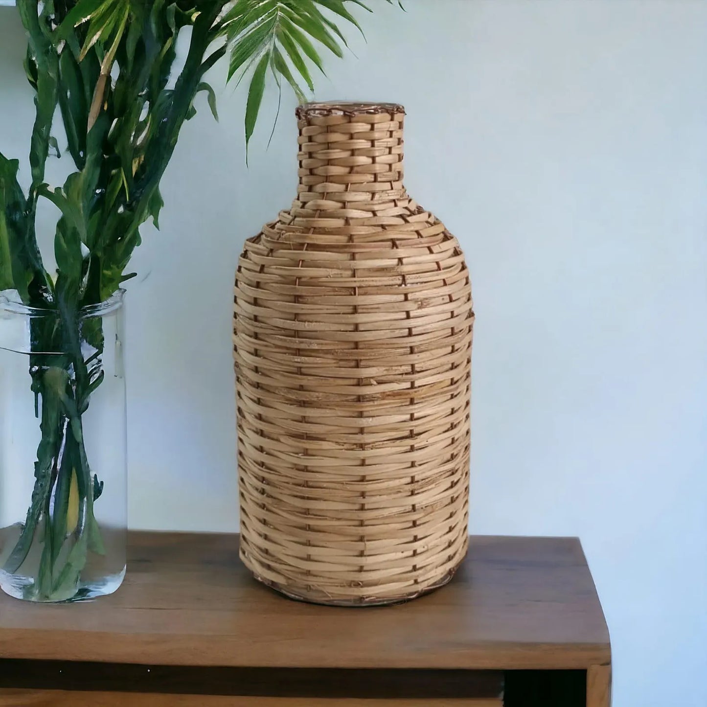 Handwoven Boho Home Decor Bamboo & Glass Flower Vase