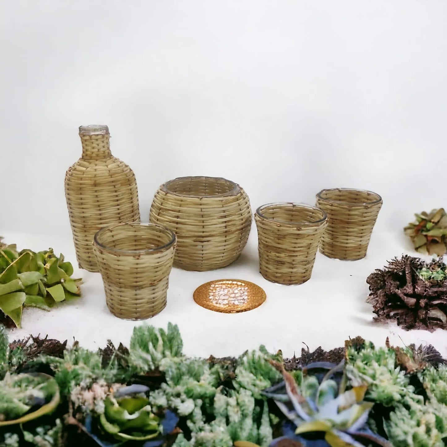 Handwoven Boho Home Decor Bamboo & Glass Flower Vase