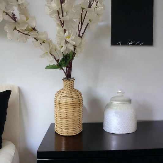 Handwoven Boho Home Decor Bamboo & Glass Flower Vase